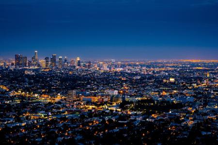 城市, 洛杉矶, 城市景观, 天际线, 市中心, 摩天大楼, 晚上