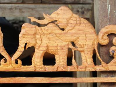 老挝, 雕塑, 大象, 赖皮, 楣, 艺术, 木雕