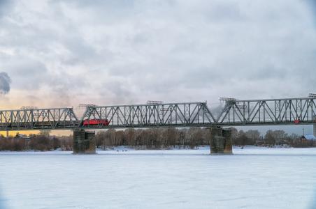 铁路, 桥梁, 冬天, 冰, 雪, 机车, 火车