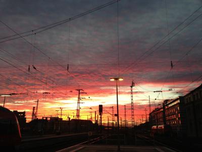 日落, 云彩, 火车站, 火车, 红色, 带红色, 紫色