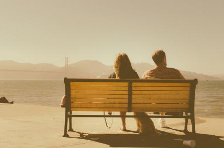 夫妇, 浪漫, 爱, 在一起, 板凳, 坐, 金门大桥