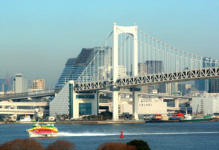 彩虹桥, 桥梁, 悬索桥, 东京湾, 水翼艇, 白色冠波, 醒来