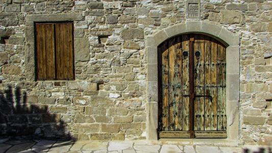 门, 窗口, 木制, 老, 墙上, 入口, 教会