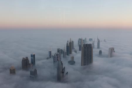 城市景观, 雾, 迪拜, 日出, 迪拜塔, 阿拉伯联合酋长国