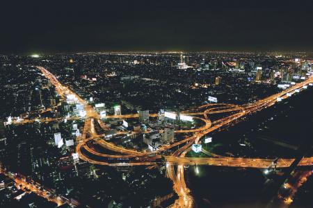 夜晚的城市, 鸟瞰图, 晚上, 城市, 空中, 城市景观, 州际公路