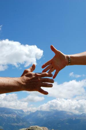 团结, 天空, 握手, 男人女人, 云彩, 蓝色, 乐观