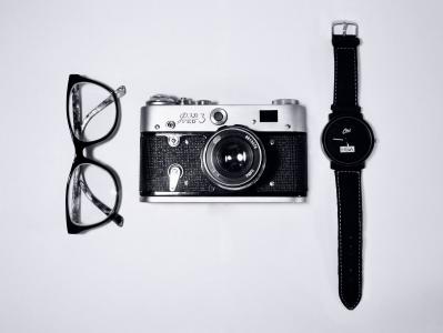 黑色, 银, 数字, 相机, 手表, 眼镜, 白色