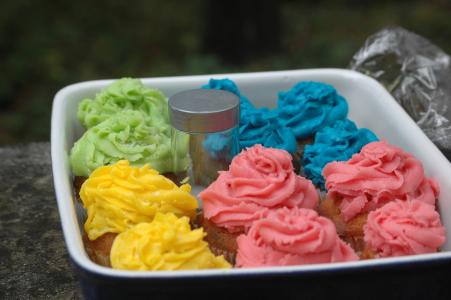 多彩, 纸杯蛋糕, 吃, 蓝色, 粉色, 人工, 烘烤