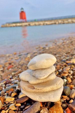 堆叠石头, 灯塔, 密歇根州, 沙勒沃伊, 海滩, 自然, 海岸线