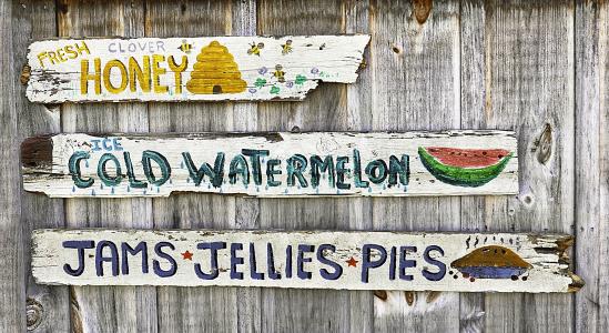 复古农夫的市场标志, 果冻, 樱桃馅饼, 蓝莓派, 苹果派, 乡村, 农场