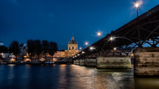 塞纳河, 桥梁, 杜邦艺术, 晚上, 巴黎, 法国, 水