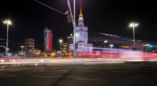 波兰, 华沙, 晚上, 灯, 速度, 交通, 城市