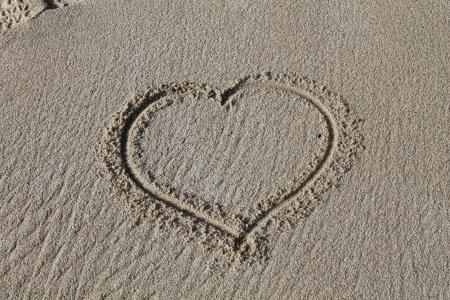 心, 沙子, 足迹, 海滩, 爱, 夏季, 心的形状