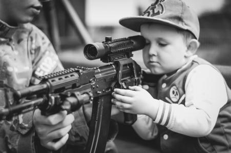 男孩, 儿童, 肖像, 军事, 武器, 步枪, 射击