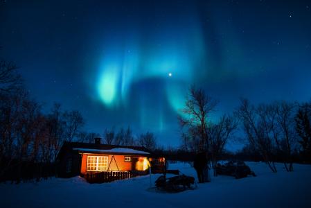 北极光, 蓝色, 小木屋, 感冒, 灯, 晚上, 北极光