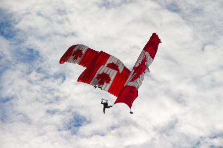 跳伞, 加拿大, 团队, 国旗, 三重奏, 堆叠, 三