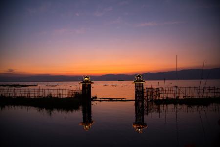 缅甸, 茵莱湖湖, 日落, 自然, 海, 剪影, 黄昏