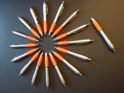 钢笔, 橙色, 对称, 办公室, 离开, 记号笔, 文具
