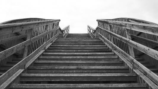 楼梯, 木梯, 出现, 黑色和白色, 逐渐
