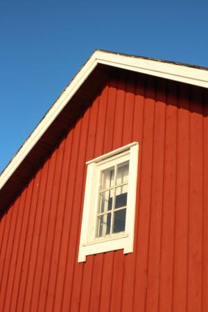 红房子, 蓝蓝的天空, 冬天, 的明确, 董事会, 木屋, 窗口