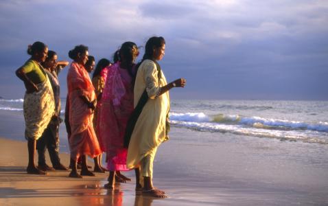 卡兰古特, 果阿, 印度, 海滩, 妇女, 服装, 日落
