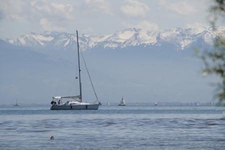 帆船, 康斯坦茨湖, 高山, 全景, 景观, 湖, 水