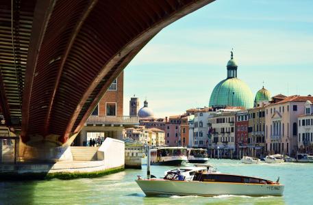 美丽, 威尼斯, 运河, 小船, 吊船, 蓝色, 天空