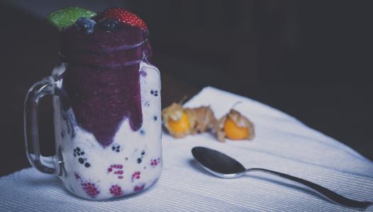 覆盆子, 黑莓, 奶油, 玻璃, 罐子里, 旁边, 不锈钢