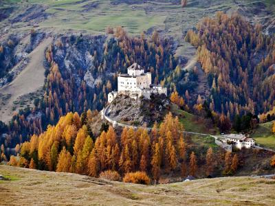 城堡, tarasp, 下恩加丁, 瑞士, 秋天, 山, 自然