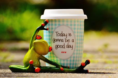 美好的一天, 快乐, 青蛙, 咖啡, 杯, 快乐, 幸福