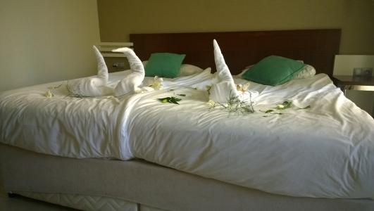 双人床, 床上, 装饰, 假日, 酒店, 床单, 枕头
