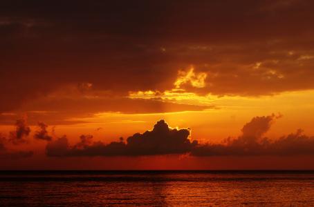 日落, 海洋, 海, 橙色, 发光, 颜色, 云彩