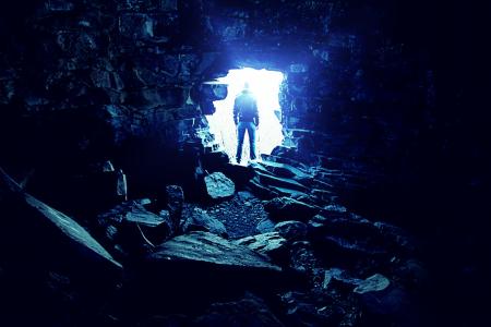 男子, 只有, 隧道, 光, 孤独, 岩石