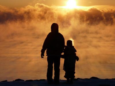 雾, 雾, 金, 日出, 湖, 父亲儿子, 家庭