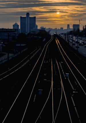 基辅, 城市, 日落, 铁路