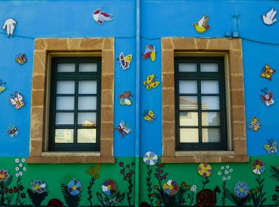 windows, 多彩, 学校, 幼儿园, 花, 蝴蝶, 鸟类