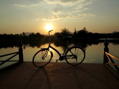 自行车, 日落, 景观, 天空, abendstimmung, 湖, 水