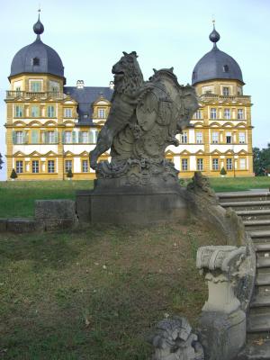 城堡 seehof, memmelsdorf, 公园, 狮子雕塑, 石阶上