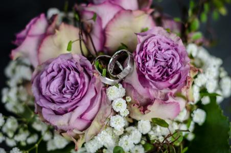 婚礼, 戒指, 新娘花束, 结婚戒指, 在一起, 玫瑰, 玫瑰-花