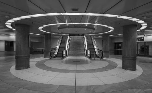 斯图加特, 火车站, 机场, 地下, 自动扶梯, 黑色和白色, 远程通讯