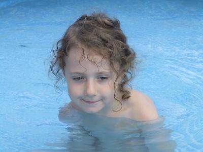 儿童, 女孩, 卷发, 游泳, 水, 夏季, 游泳池