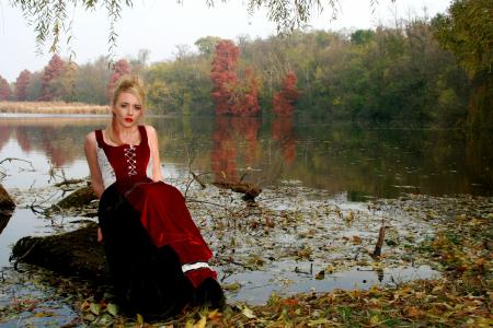 女孩, 湖, 秋天, 树, 反思, 红色, 金发女郎