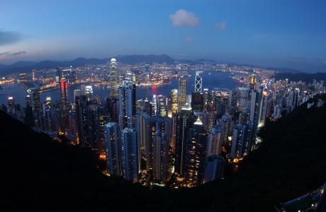 香港, 天际线, 城市景观, 晚上, 天空, 暮光之城, 灯
